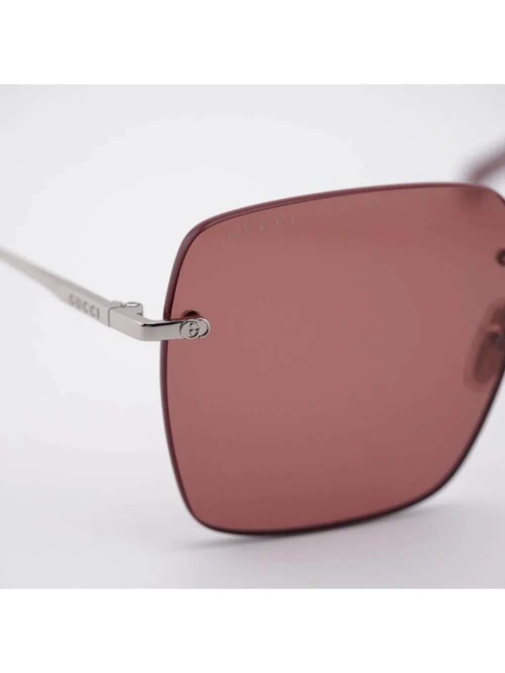 Gucci GG1955SA 003 Sunglasses Shiny Silver Square Frame, Burgundy Lenses